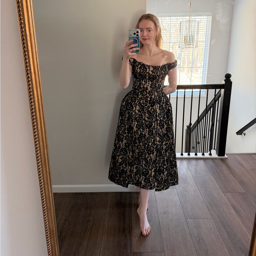 House of CB Black Lace-Overlay Off-Shoulder Midi Dress